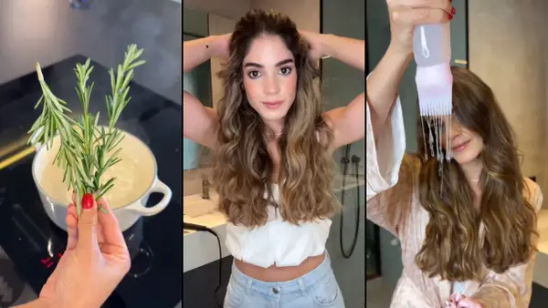 Preparación de agua de romero para el pelo: hierbas en agua hirviendo, una mujer con cabello largo y rizado, y aplicación de un líquido capilar.