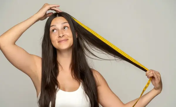 Mujer mide su cabello con cinta métrica, soñando con cómo hacer crecer mi cabello 10 cm en una semana.